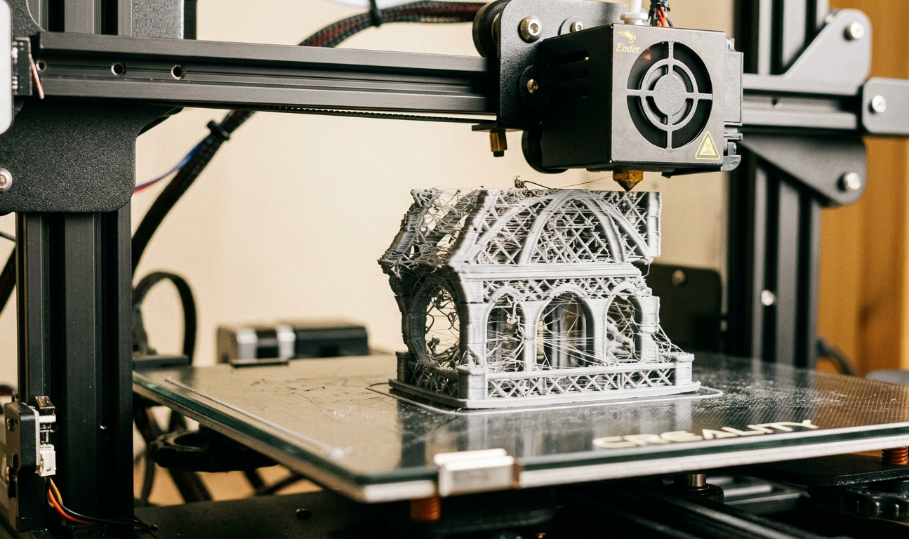 AI-generated 3D model with layer shift and stringing errors highlighted on FDM printer output