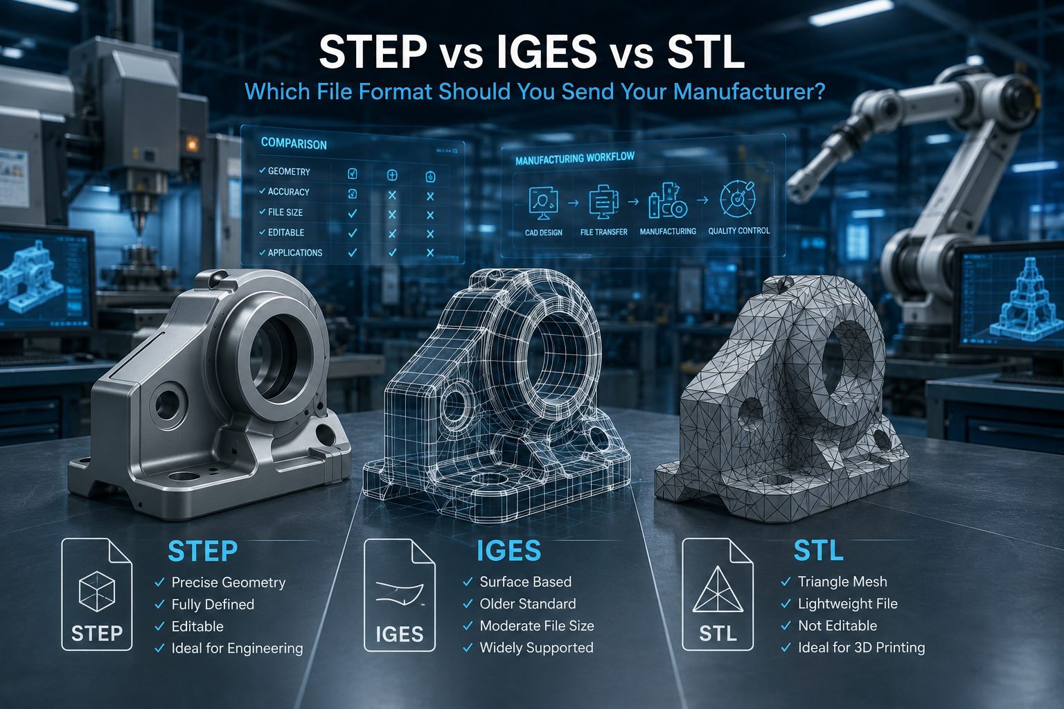 Comparison of STEP, IGES, and STL CAD file formats using a mechanical part shown as a solid model, wireframe model, and mesh model in a modern manufacturing environment, highlighting their key features and engineering applications.