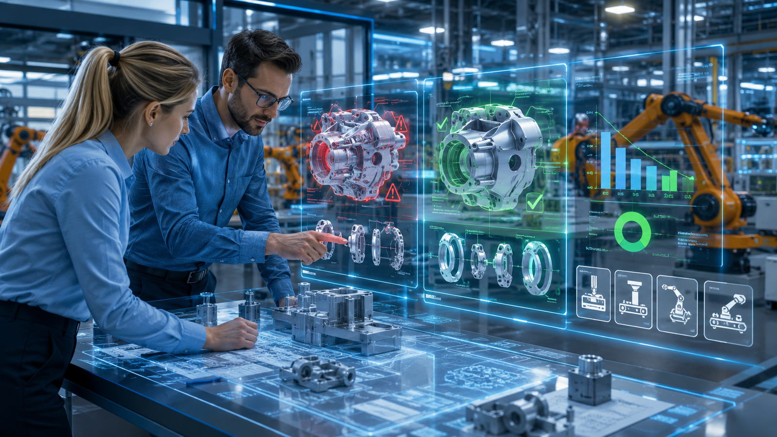 Engineers using AI-powered 3D CAD analysis software to inspect and optimize a mechanical component for manufacturing, identifying design errors, printability issues, and production improvements in a smart factory environment.