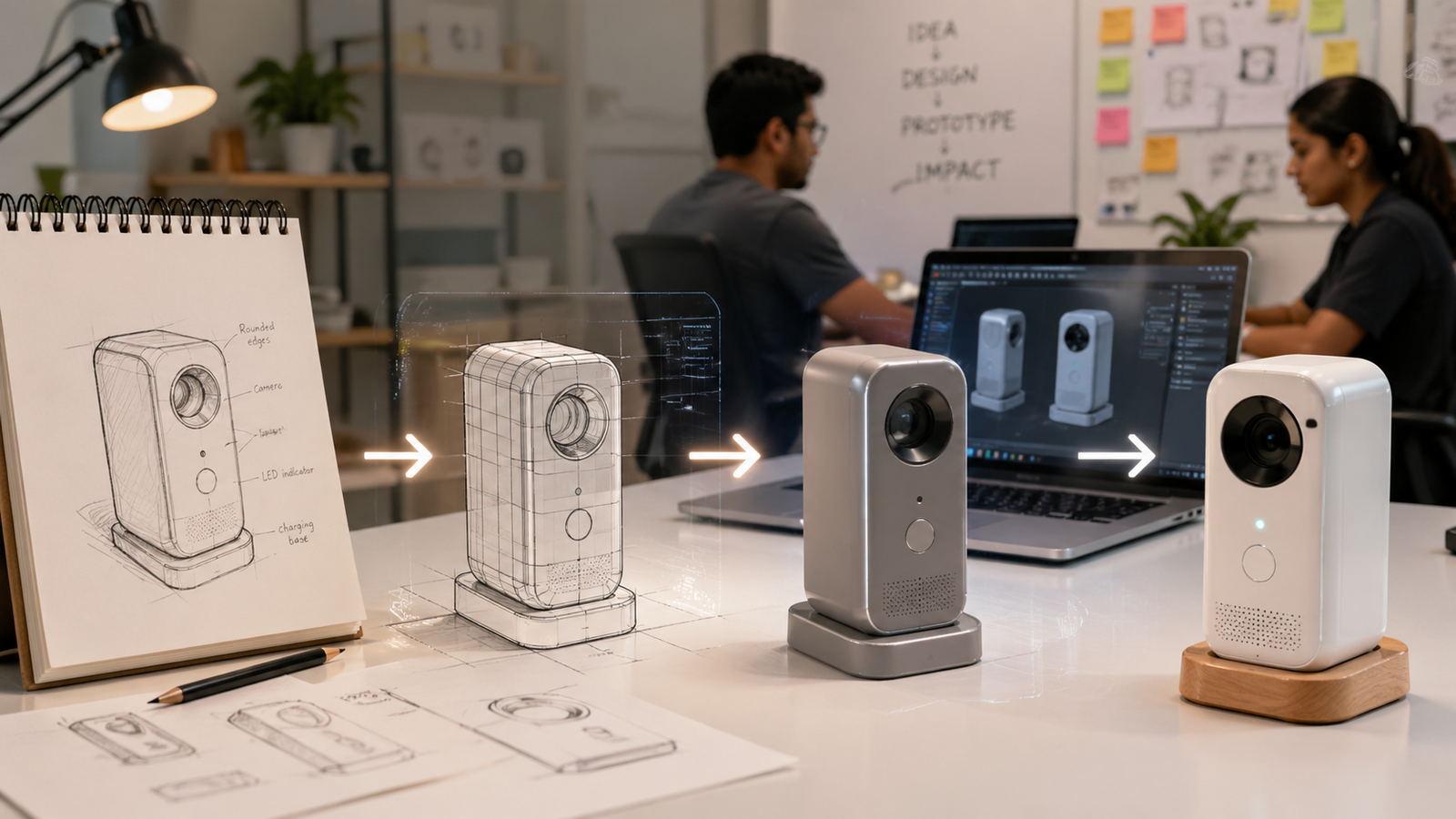 Design for Manufacturability (DFM) workflow showing a product evolving from an initial concept sketch to a 3D CAD model, prototype, and final manufacturable product, highlighting the transition from design to production.