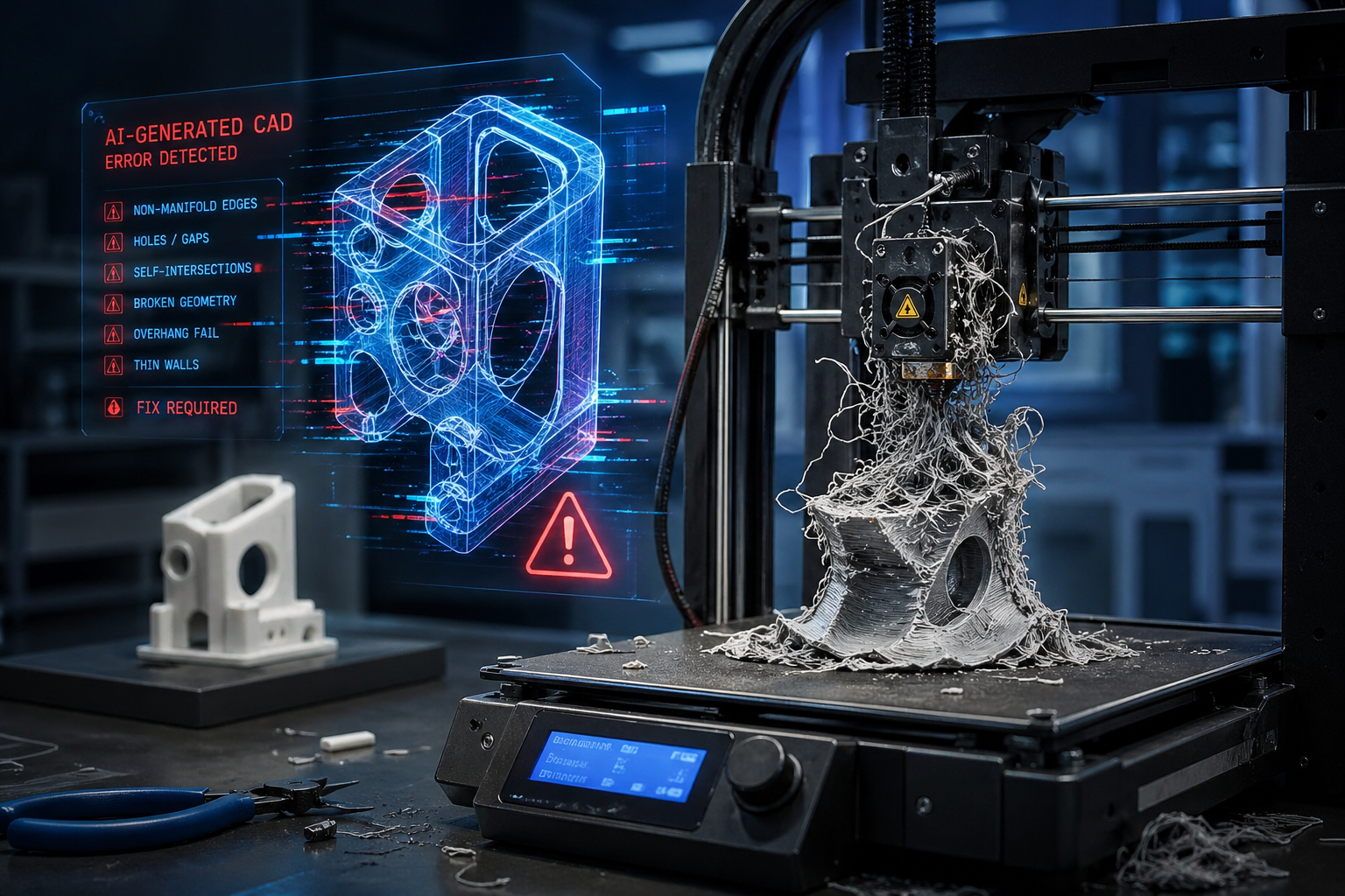 Failed 3D print caused by AI-generated CAD model errors, showing mesh defects, non-manifold geometry, gaps, thin walls, and unsupported features detected during manufacturing validation.