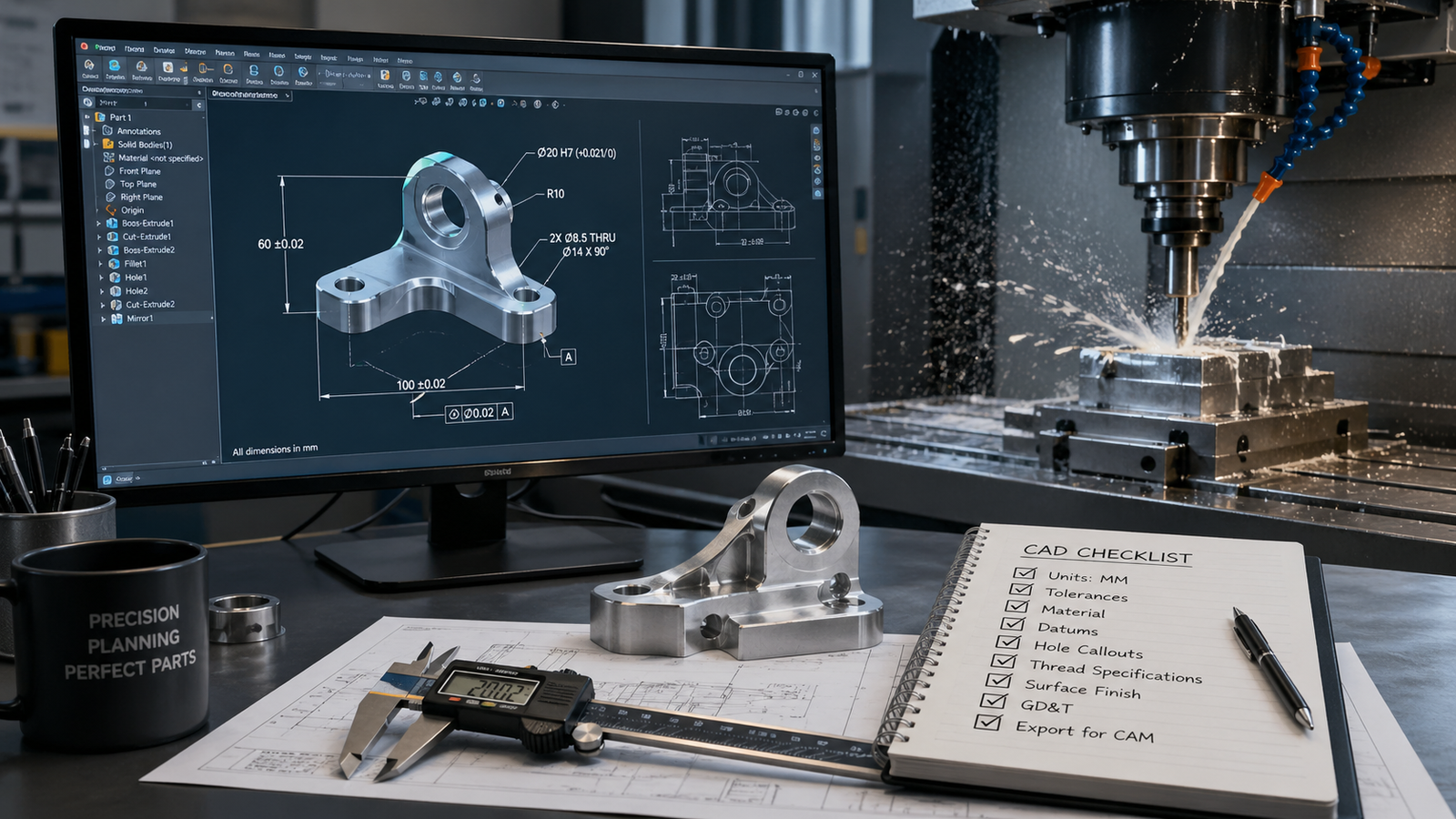 CAD model, engineering drawing, and CNC machining setup showing the essential design checks and manufacturing requirements needed to prepare a part for accurate CNC production.
