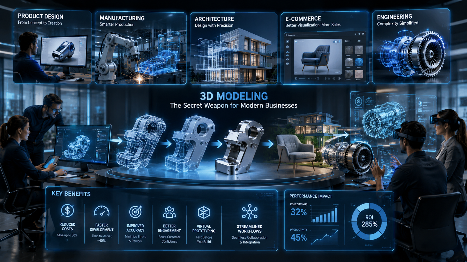 Futuristic business visualization showing how 3D modeling transforms product design, manufacturing, architecture, engineering, and e-commerce through digital twins, CAD models, virtual prototyping, workflow automation, and data-driven business growth.