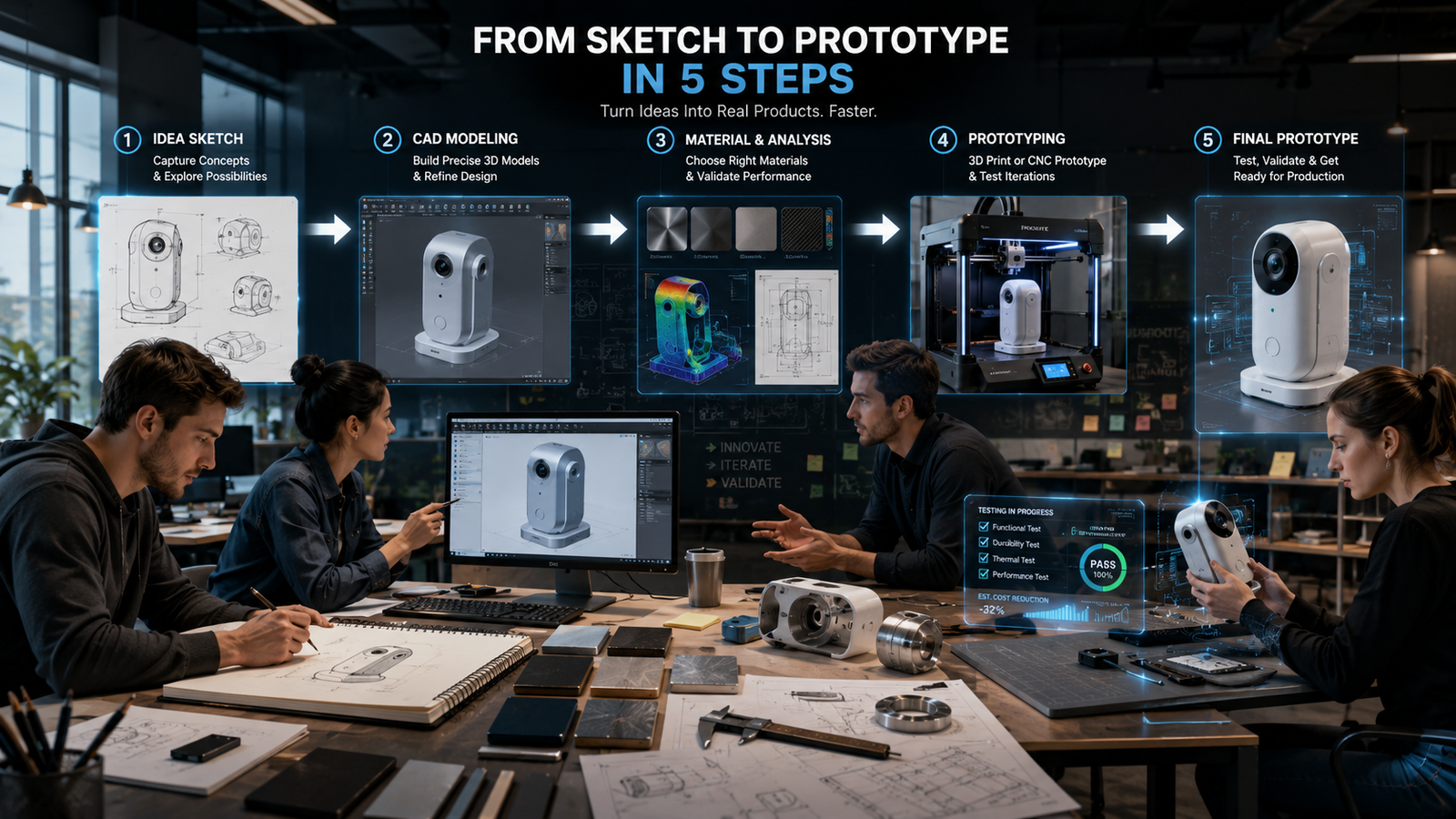 Startup product development workflow showing the journey from concept sketch to CAD modeling, material selection, prototyping, testing, and final production-ready product, with designers collaborating in a modern innovation studio.