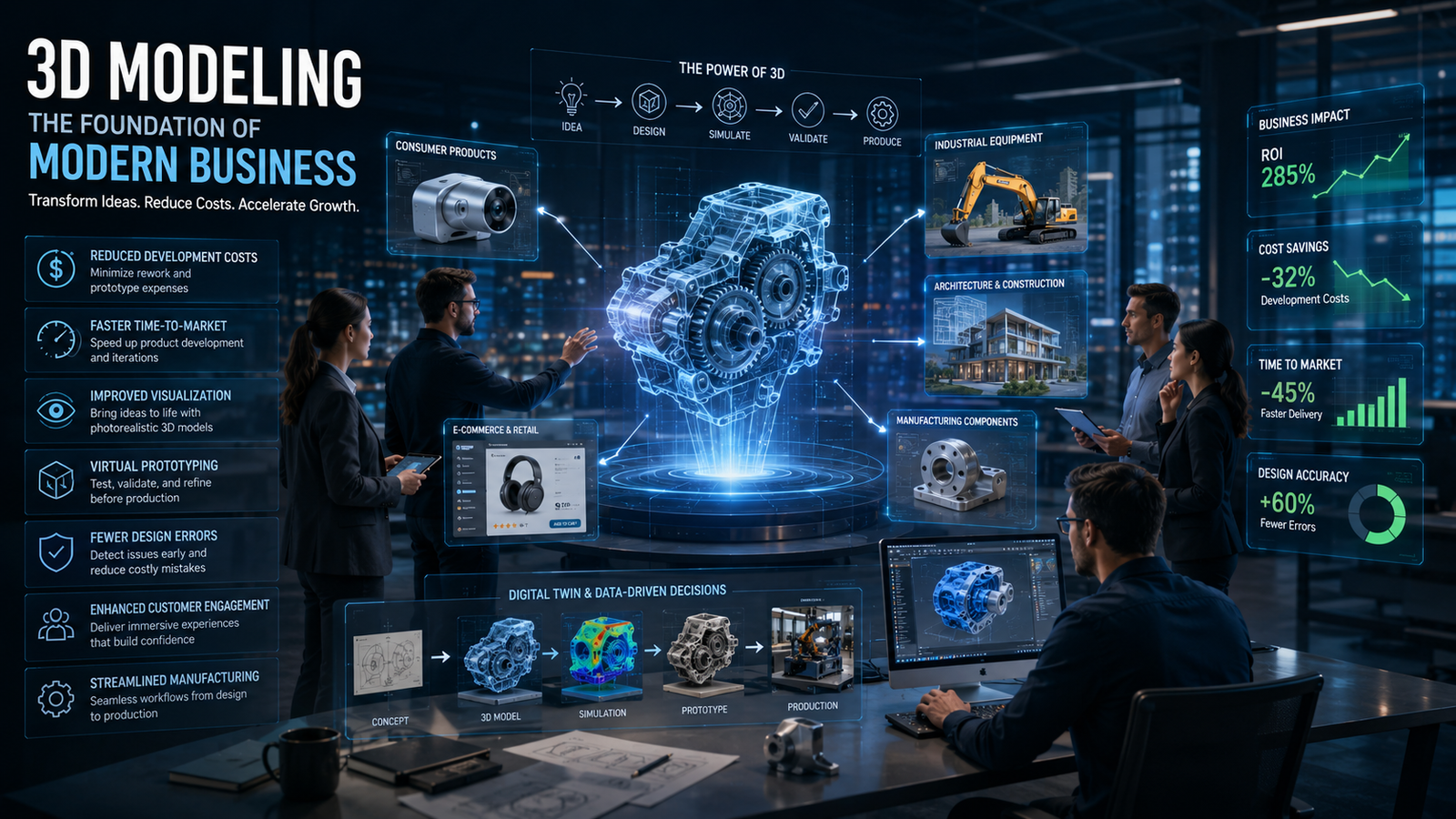 Business professionals collaborating around interactive 3D CAD models and digital twins, demonstrating how 3D modeling improves product development, visualization, manufacturing efficiency, customer engagement, and business growth across multiple industri