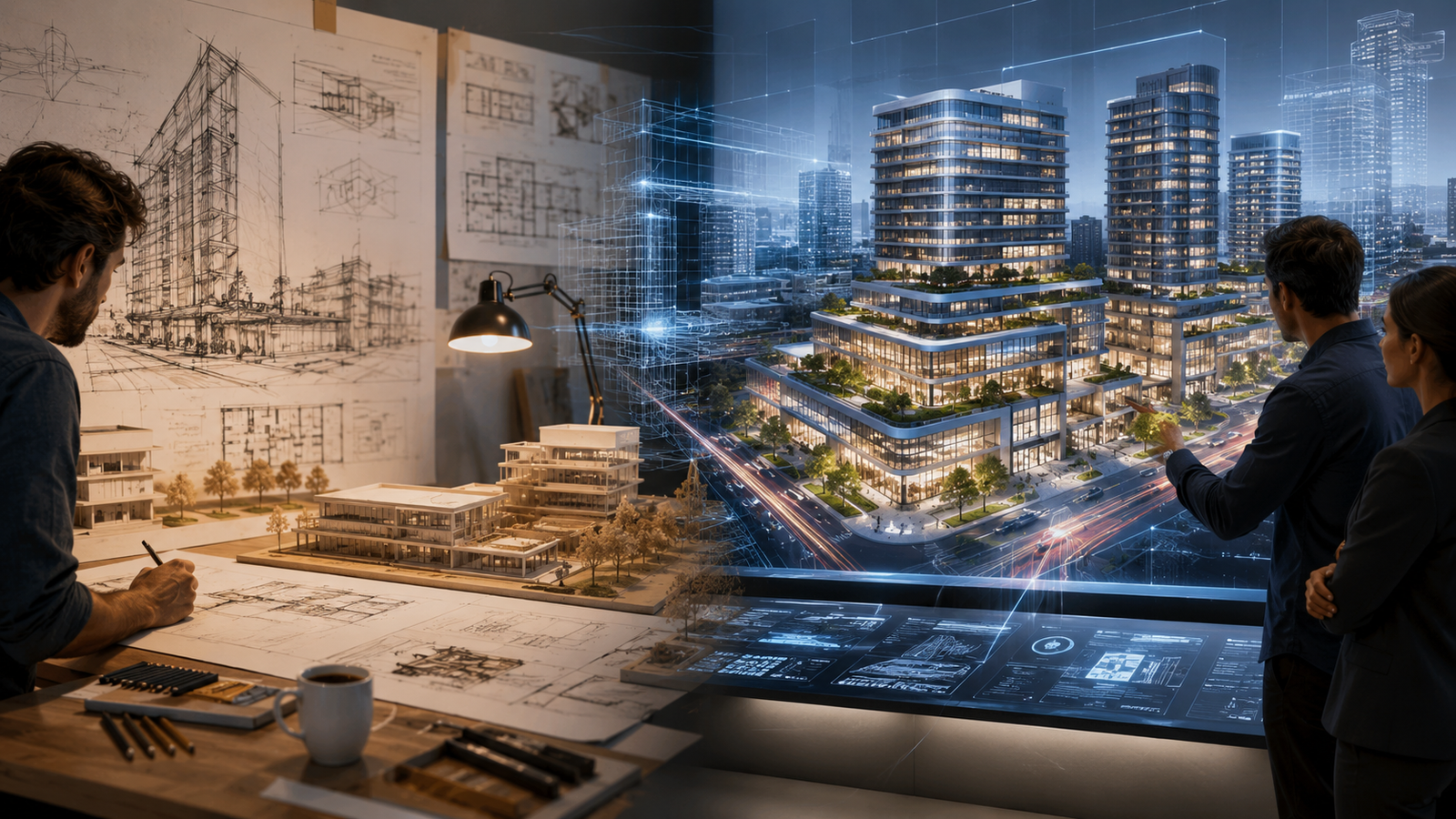 Architects transforming conceptual sketches and physical scale models into a detailed 3D CAD presentation model of a modern mixed-use development, showcasing how digital visualization enhances design communication, client presentations, and project approv