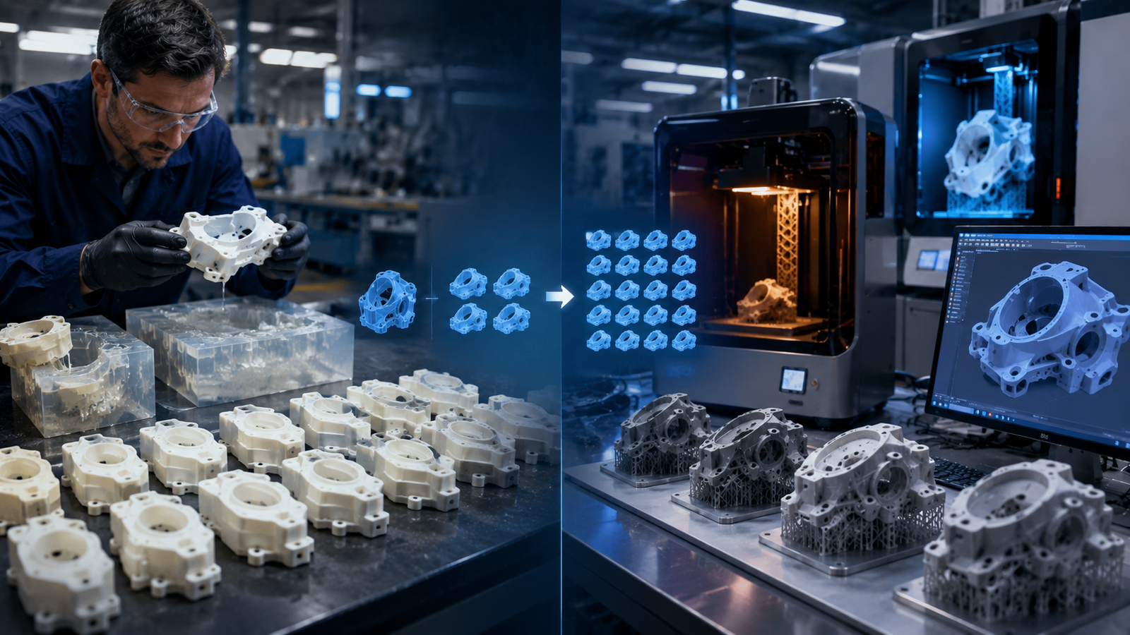 Vacuum casting and 3D printing comparison showing silicone molds, resin parts, SLA printers, and CAD models.