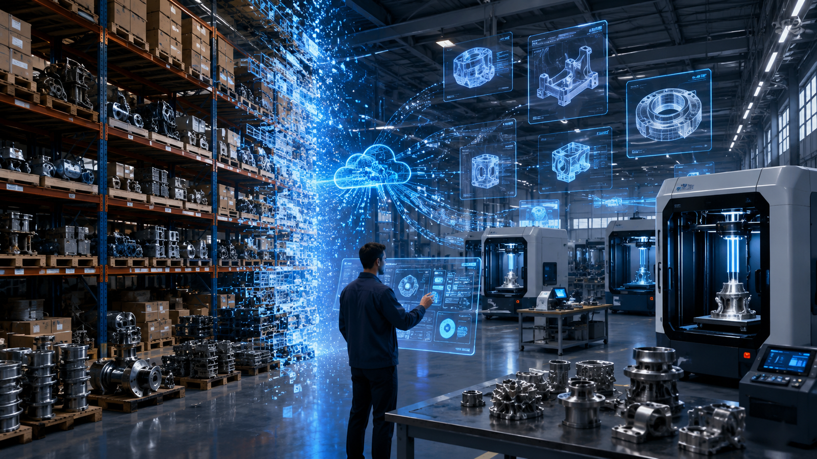 Digital warehousing with 3D printing technology replacing physical inventory, featuring digital CAD files, cloud manufacturing, industrial 3D printers, and on-demand spare parts production in a smart factory environment.
