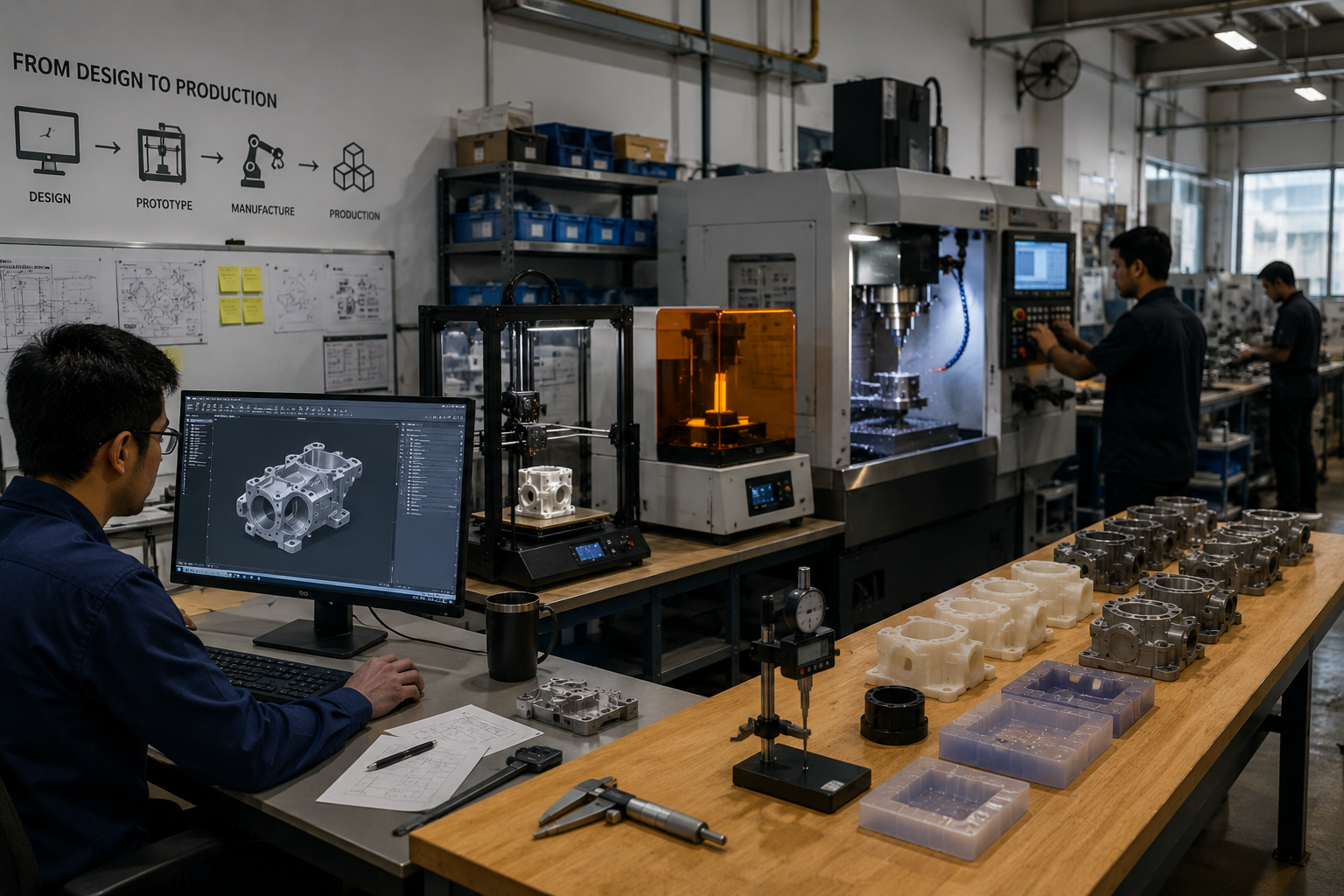 Mechanical engineer reviewing a 3D CAD model in a modern manufacturing facility with industrial 3D printers, CNC machining center, vacuum casting molds, and precision-engineered components representing the complete prototype-to-production workflow.