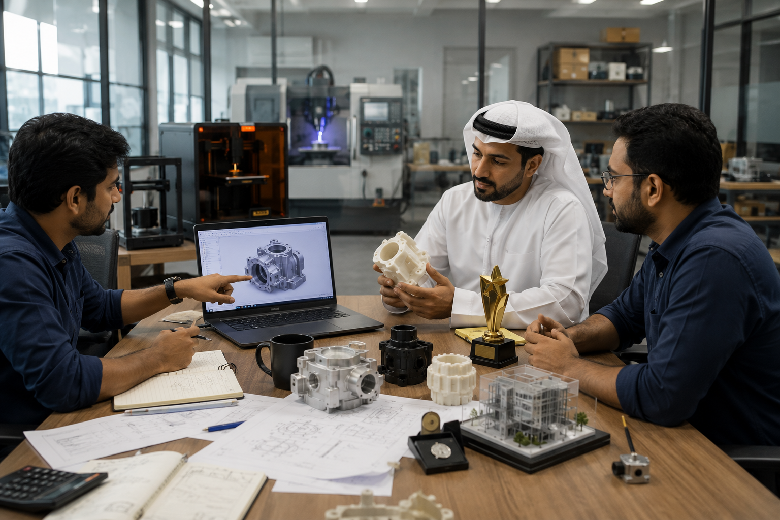 Mechanical engineers discussing a product design with a Middle Eastern client using CAD software, 3D printed prototypes, CNC-machined parts, and manufacturing samples in a modern engineering office.
