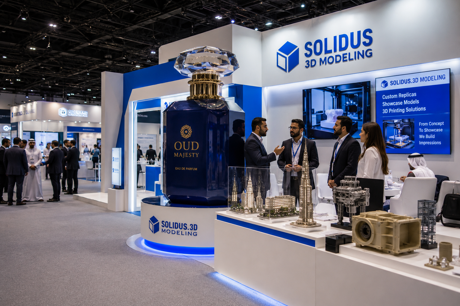 Professional trade show booth featuring a giant custom perfume bottle replica, architectural scale models, and precision 3D printed prototypes with Solidus.3D Modeling branding, surrounded by business professionals at a modern Middle East exhibition.