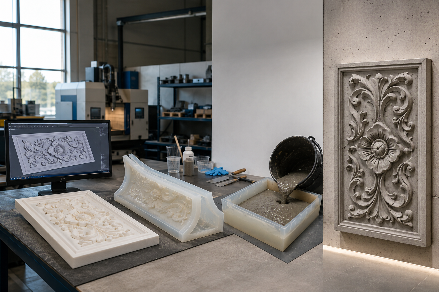 "Photorealistic workflow of custom architectural concrete manufacturing showing a CAD design on a computer, a 3D printed resin master pattern, silicone mold creation, concrete casting, and a finished decorative concrete wall panel in a modern industrial w