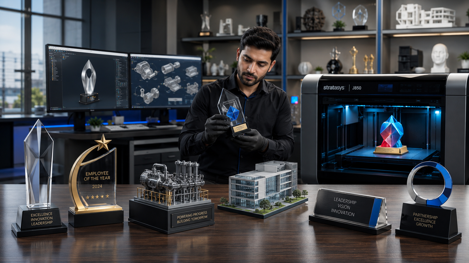 Professional engineer inspecting custom 3D printed corporate trophies and gifts in a modern CAD design studio with an advanced PolyJet 3D printer.