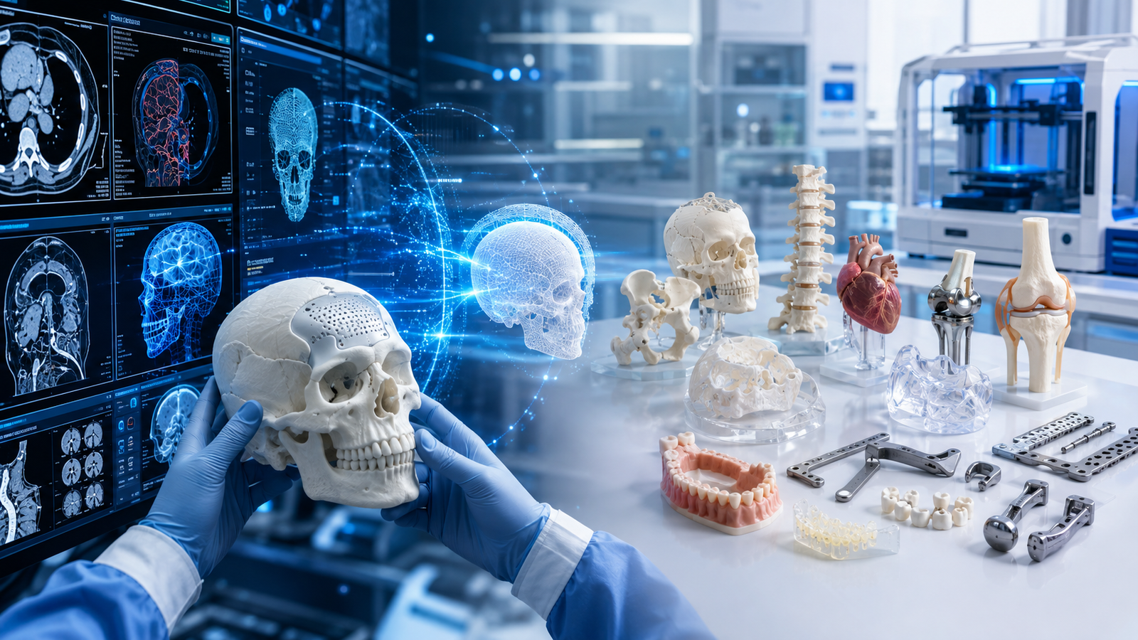 3D printed surgical models, medical implants, and anatomical prototypes displayed in a modern healthcare innovation laboratory with digital CT and MRI imaging.