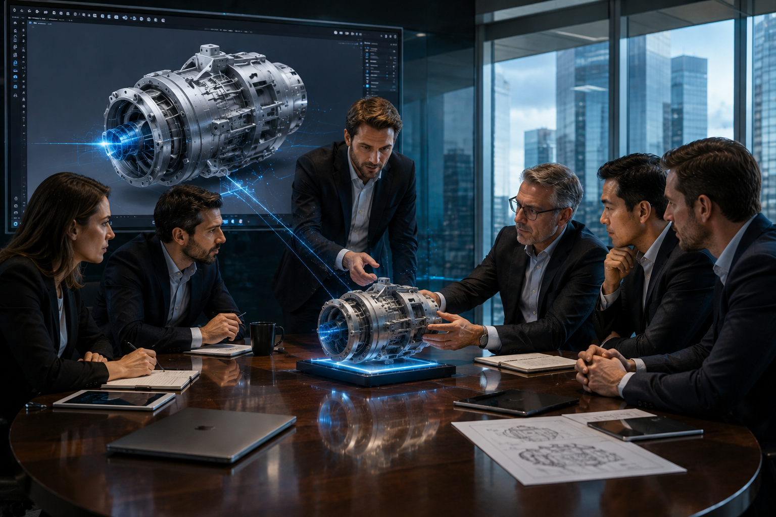 Investors examining a 3D printed prototype while its matching CAD model is displayed during a business pitch.