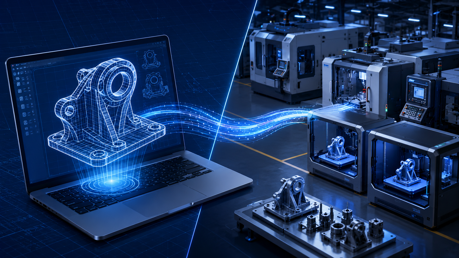 CAD model connected to a modern factory with CNC machines and 3D printers through a glowing digital data stream.