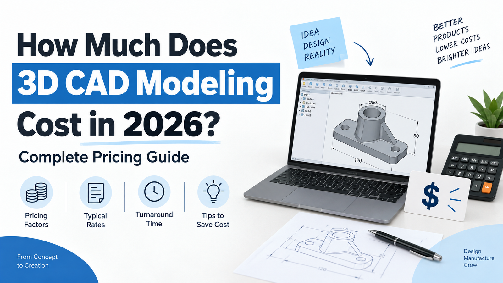 3D CAD modeling pricing guide showing a CAD model on a laptop, calculator, and cost-related icons.