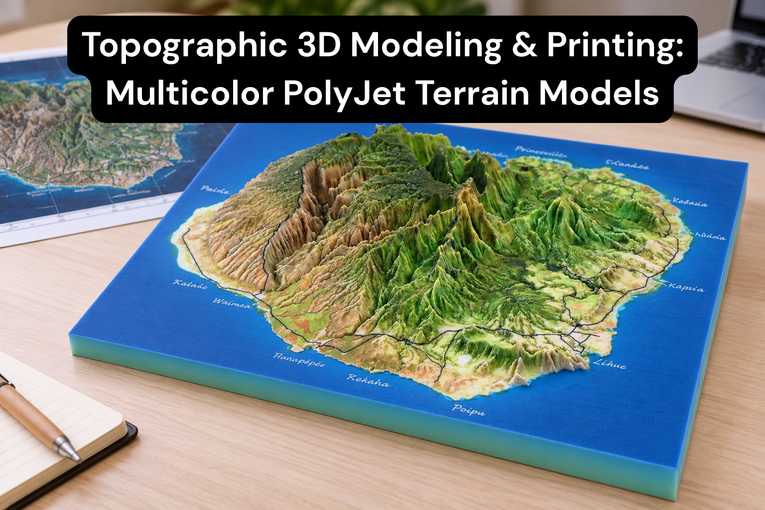 Detailed multicolor 3D printed topographic terrain model showing mountains, valleys, coastlines and geographic features
