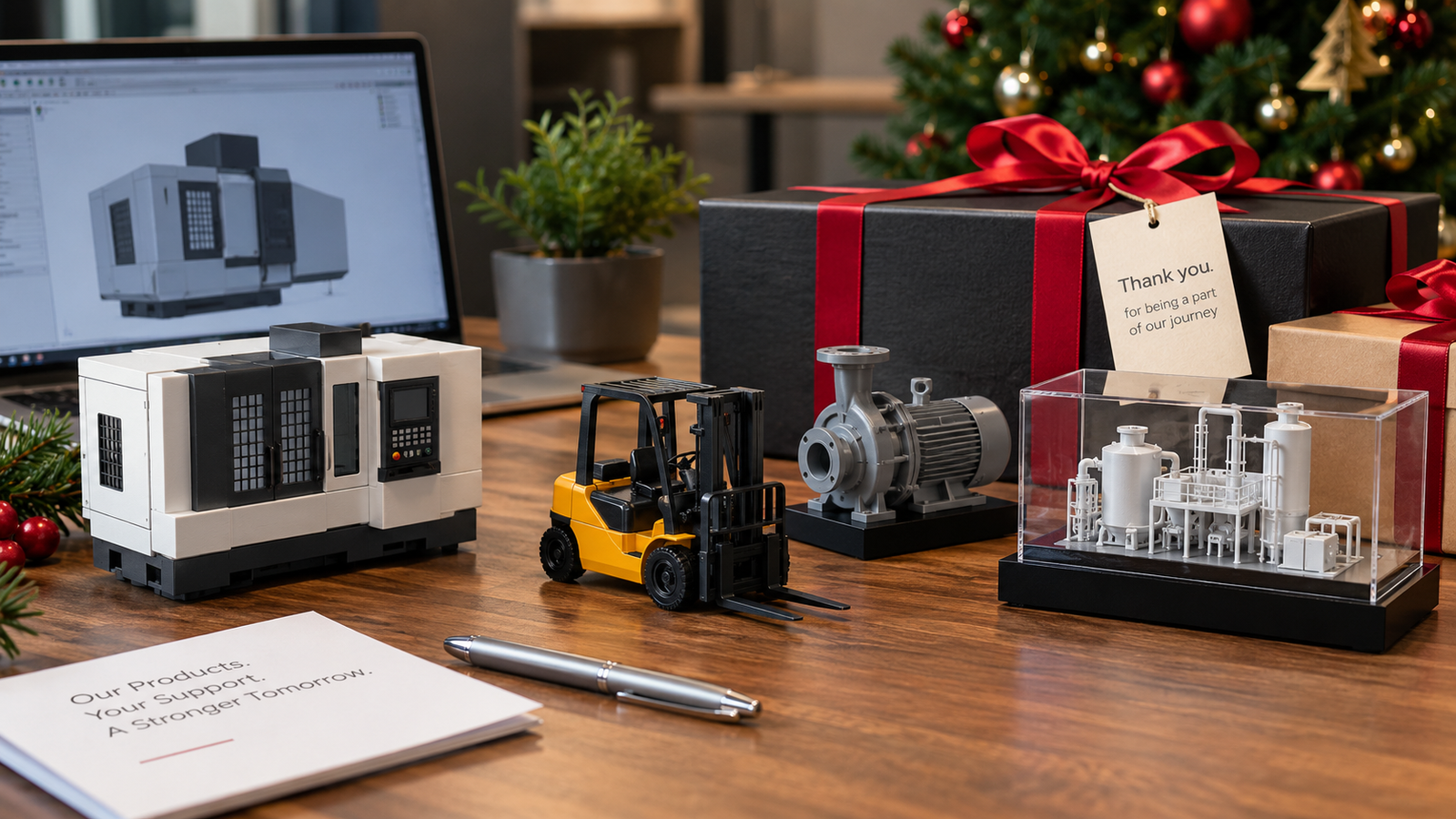 Custom 3D-printed miniature industrial machines, forklift, pump and factory models displayed as corporate Christmas gifts.