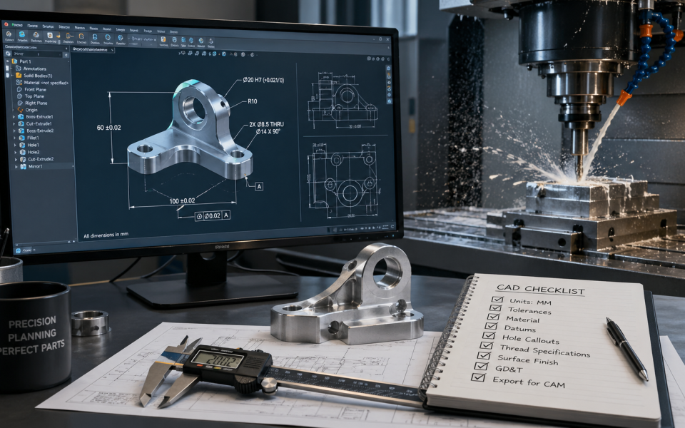 CAD design of a mechanical part on a computer screen with dimensions and tolerances, alongside precision tools and a checklist, while a CNC milling machine cuts metal in a modern engineering workspace.