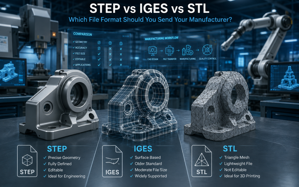 Comparison of STEP, IGES, and STL CAD file formats using a mechanical part shown as a solid model, wireframe model, and mesh model in a modern manufacturing environment, highlighting their key features and engineering applications.