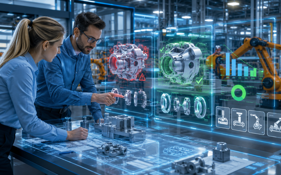 Engineers using AI-powered 3D CAD analysis software to inspect and optimize a mechanical component for manufacturing, identifying design errors, printability issues, and production improvements in a smart factory environment.