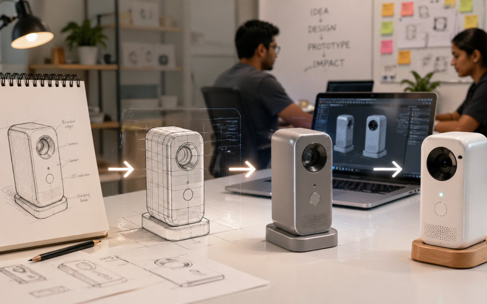 Design for Manufacturability (DFM) workflow showing a product evolving from an initial concept sketch to a 3D CAD model, prototype, and final manufacturable product, highlighting the transition from design to production.