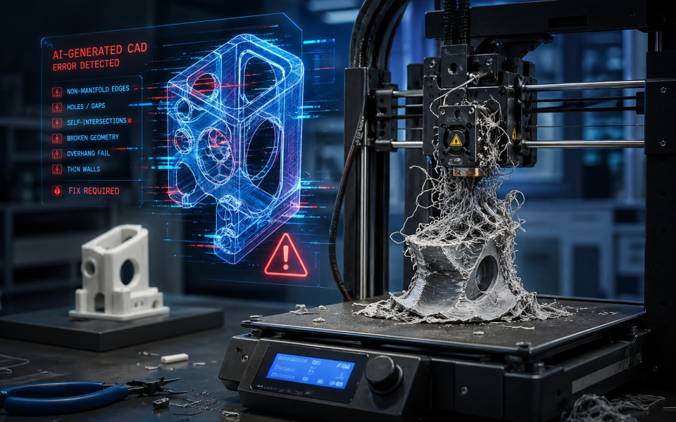 Failed 3D print caused by AI-generated CAD model errors, showing mesh defects, non-manifold geometry, gaps, thin walls, and unsupported features detected during manufacturing validation.