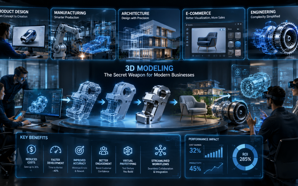 Futuristic business visualization showing how 3D modeling transforms product design, manufacturing, architecture, engineering, and e-commerce through digital twins, CAD models, virtual prototyping, workflow automation, and data-driven business growth.