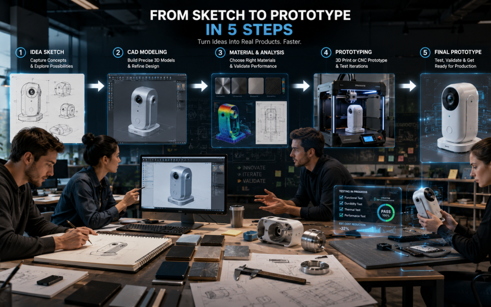 Startup product development workflow showing the journey from concept sketch to CAD modeling, material selection, prototyping, testing, and final production-ready product, with designers collaborating in a modern innovation studio.