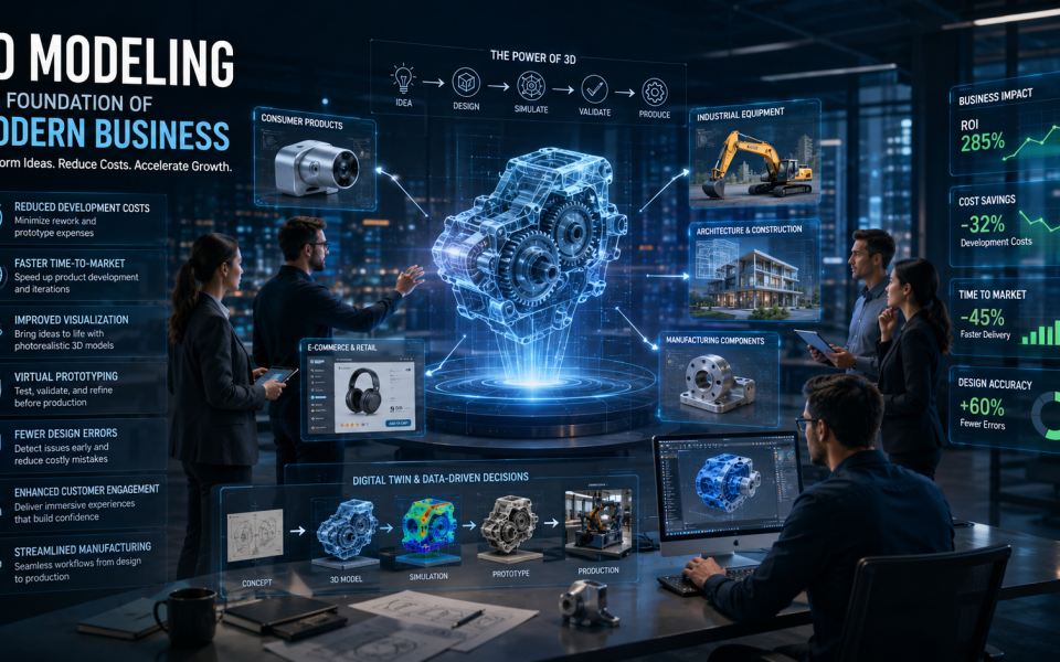 Business professionals collaborating around interactive 3D CAD models and digital twins, demonstrating how 3D modeling improves product development, visualization, manufacturing efficiency, customer engagement, and business growth across multiple industri