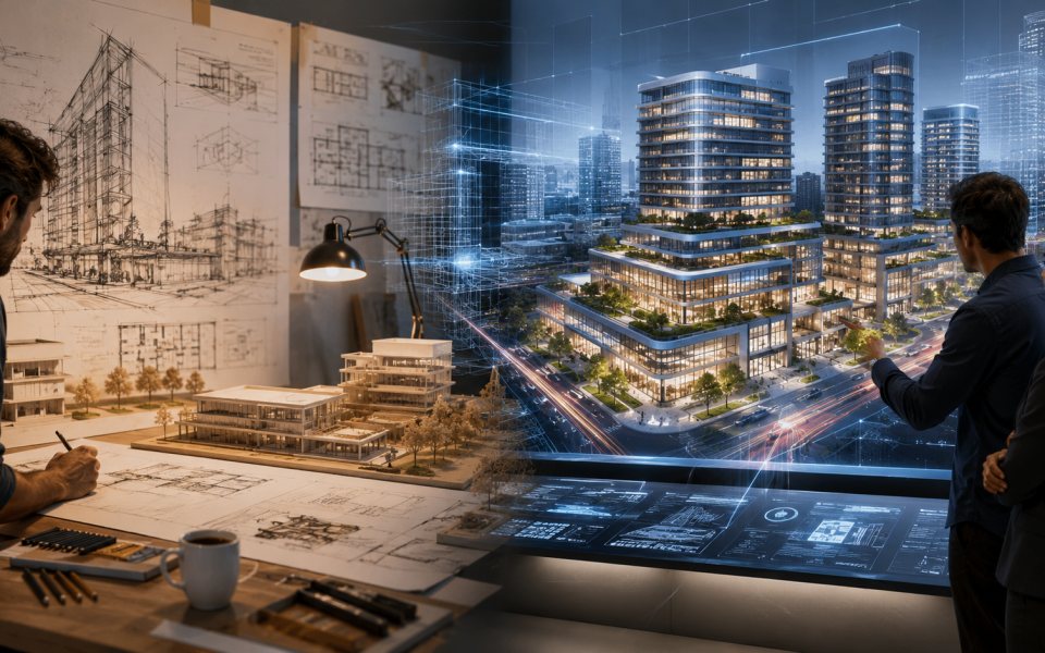 Architects transforming conceptual sketches and physical scale models into a detailed 3D CAD presentation model of a modern mixed-use development, showcasing how digital visualization enhances design communication, client presentations, and project approv
