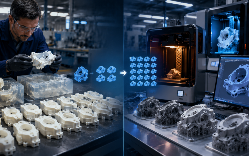 Vacuum casting and 3D printing comparison showing silicone molds, resin parts, SLA printers, and CAD models.