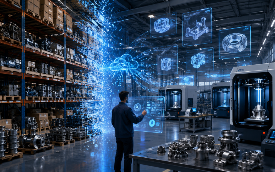 Digital warehousing with 3D printing technology replacing physical inventory, featuring digital CAD files, cloud manufacturing, industrial 3D printers, and on-demand spare parts production in a smart factory environment.