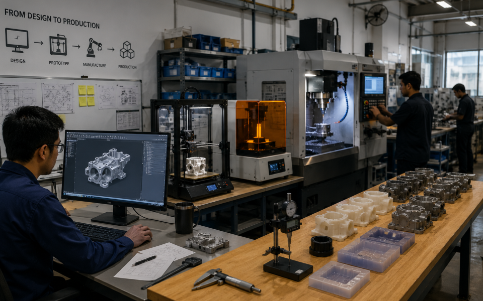 Mechanical engineer reviewing a 3D CAD model in a modern manufacturing facility with industrial 3D printers, CNC machining center, vacuum casting molds, and precision-engineered components representing the complete prototype-to-production workflow.