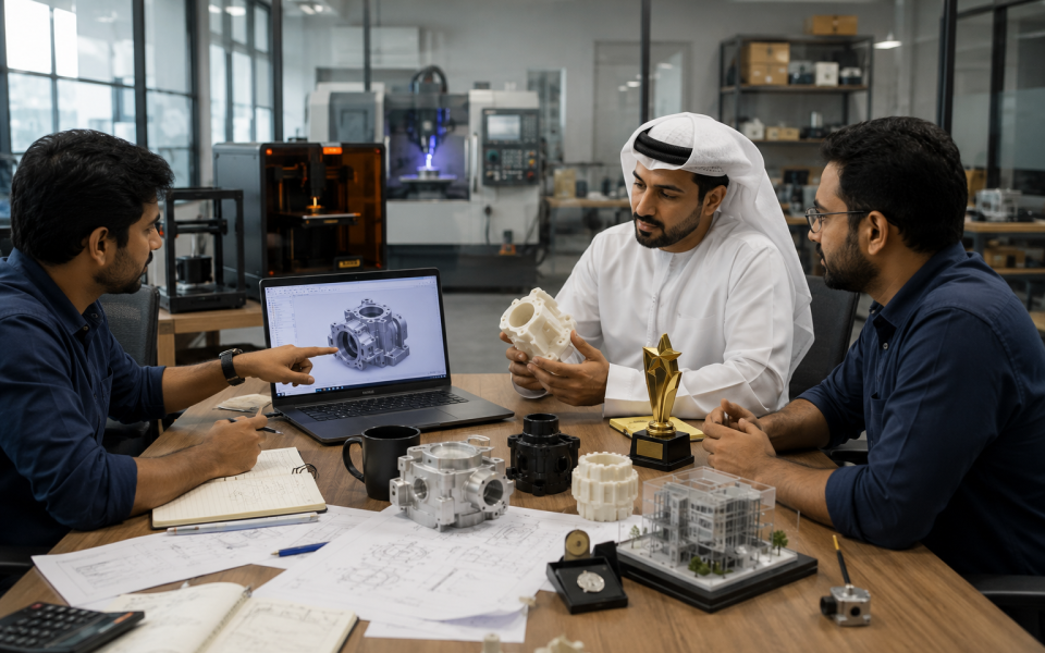 Mechanical engineers discussing a product design with a Middle Eastern client using CAD software, 3D printed prototypes, CNC-machined parts, and manufacturing samples in a modern engineering office.