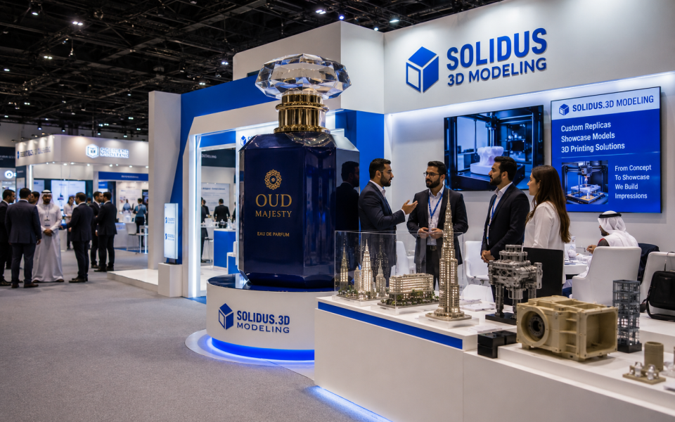 Professional trade show booth featuring a giant custom perfume bottle replica, architectural scale models, and precision 3D printed prototypes with Solidus.3D Modeling branding, surrounded by business professionals at a modern Middle East exhibition.