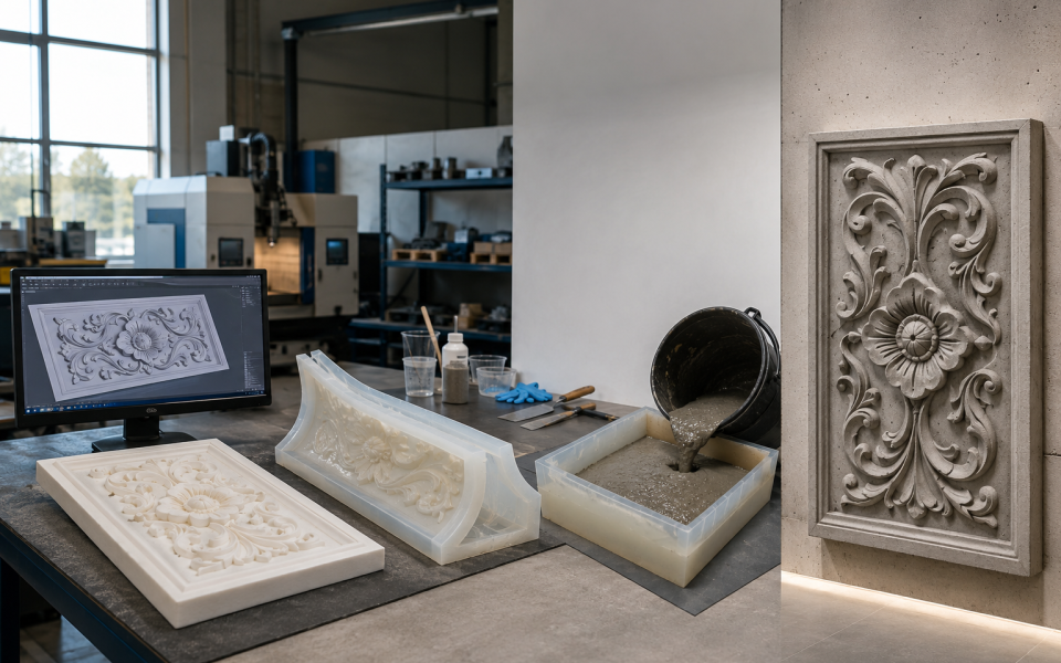 "Photorealistic workflow of custom architectural concrete manufacturing showing a CAD design on a computer, a 3D printed resin master pattern, silicone mold creation, concrete casting, and a finished decorative concrete wall panel in a modern industrial w