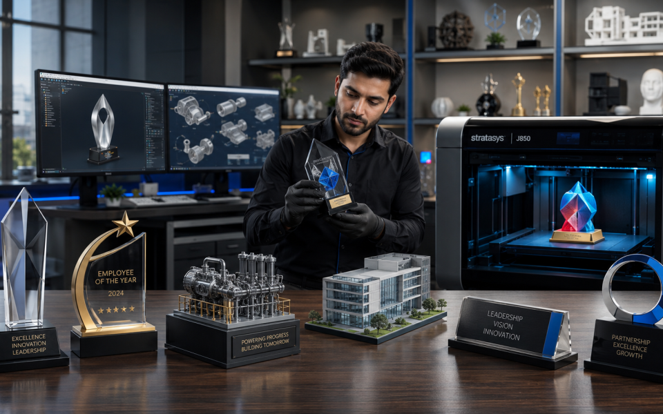 Professional engineer inspecting custom 3D printed corporate trophies and gifts in a modern CAD design studio with an advanced PolyJet 3D printer.