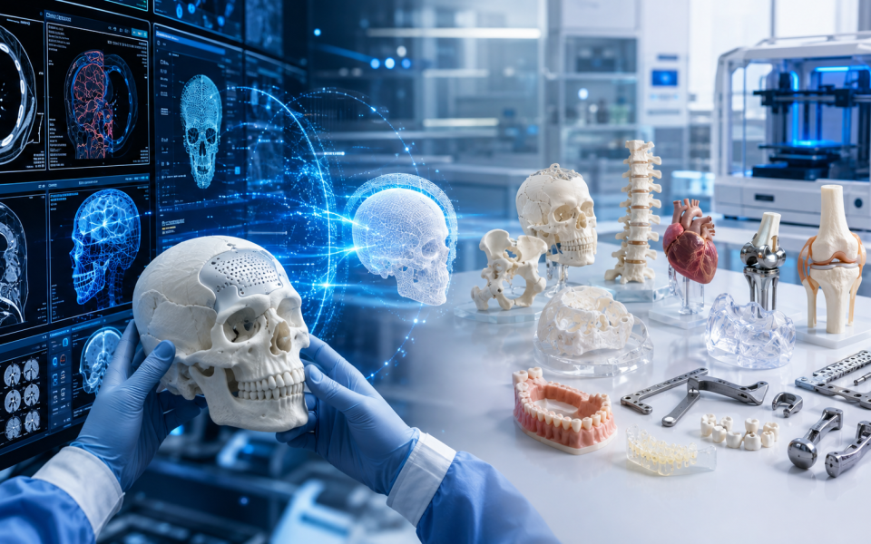 3D printed surgical models, medical implants, and anatomical prototypes displayed in a modern healthcare innovation laboratory with digital CT and MRI imaging.