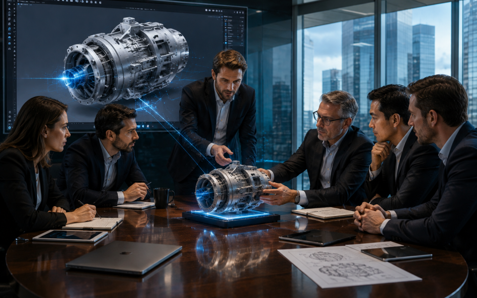Investors examining a 3D printed prototype while its matching CAD model is displayed during a business pitch.