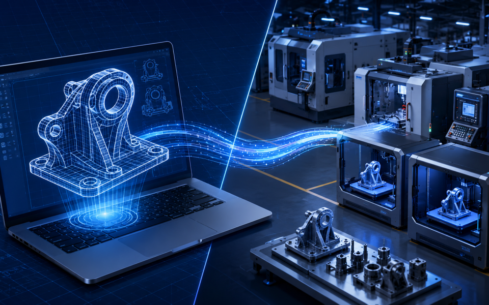 CAD model connected to a modern factory with CNC machines and 3D printers through a glowing digital data stream.
