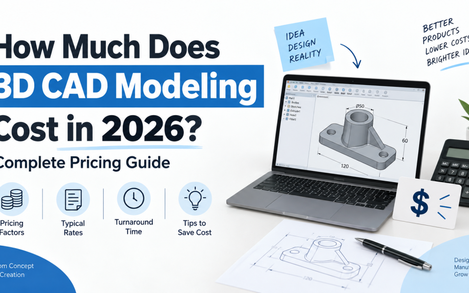 3D CAD modeling pricing guide showing a CAD model on a laptop, calculator, and cost-related icons.