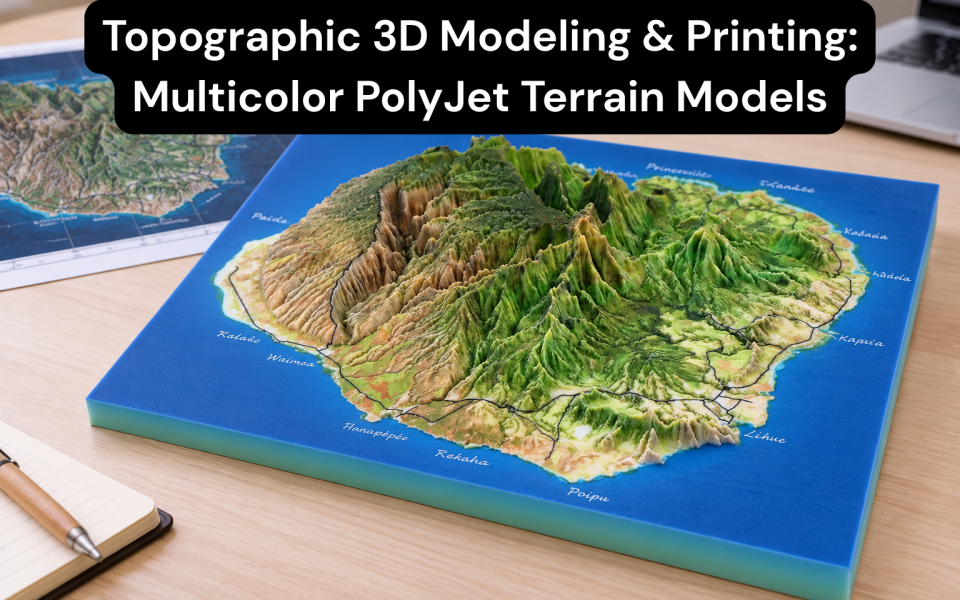 Detailed multicolor 3D printed topographic terrain model showing mountains, valleys, coastlines and geographic features