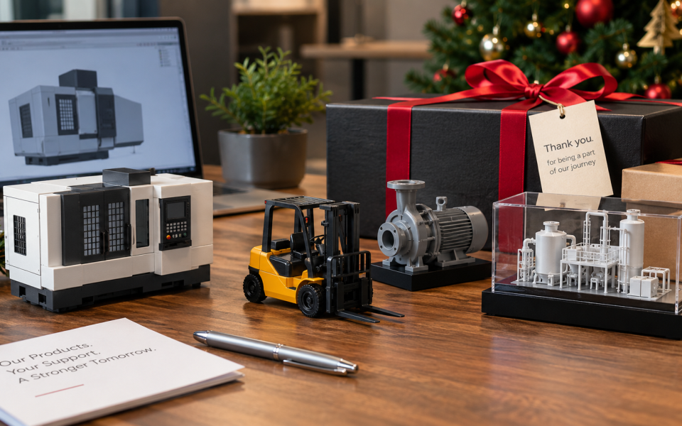 Custom 3D-printed miniature industrial machines, forklift, pump and factory models displayed as corporate Christmas gifts.